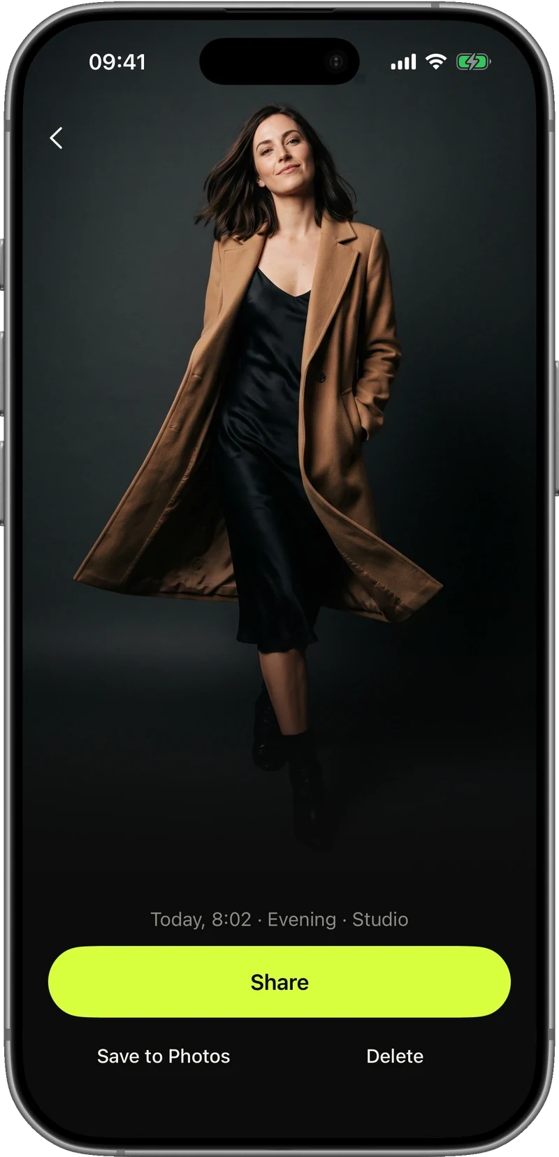 The Vestly app showing a finished look on an iPhone.