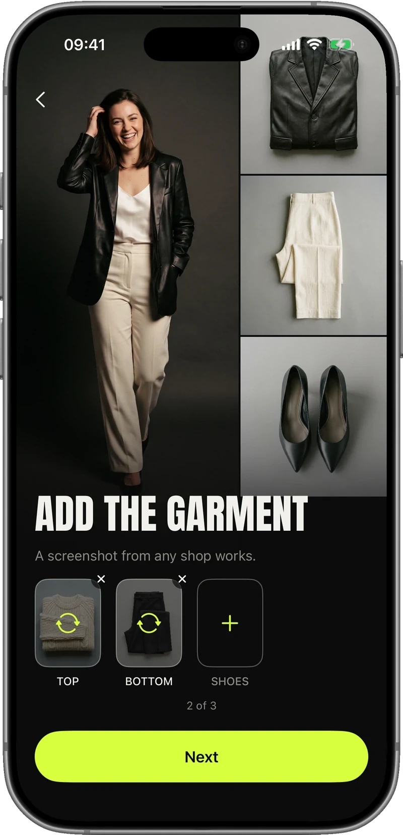 Adding a garment to a look in the app.